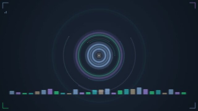 Glowing circular radar loop animation with audio equalizer bars on a dark background