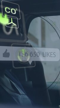 Animation of eco icons and data processing over woman using smartphone in car