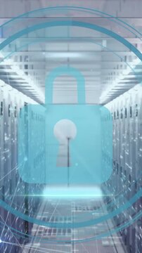 Animation of padlock icon, digital data processing over computer servers