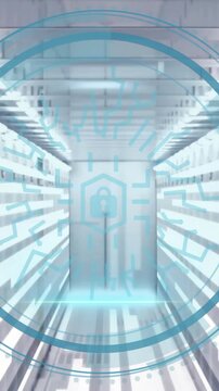 Animation of padlock icon, digital data processing over computer servers