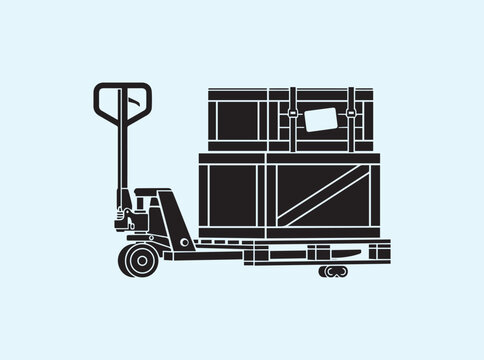 Minimalist silhouette of an eco-friendly pallet jack and two boxes on a white backdrop