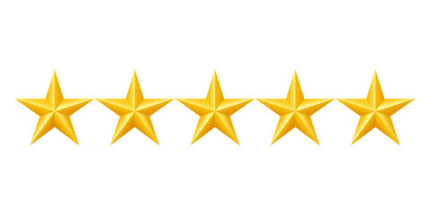 Fototapeta premium Gold five star rating icons on white background, premium review symbol, customer satisfaction and quality score graphic