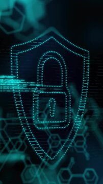 Animation of chemical formula with padlock icon and data processing on black background
