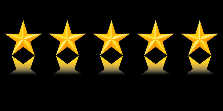 Gold five star award rating icons with black outline and shadow, premium review score, achievement and quality graphic