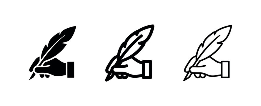 Hand holding a feather pen icon set. Writing, author, creativity, calligraphy and education symbol.