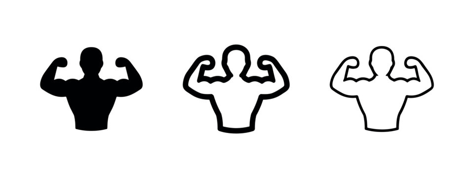 Person flexing muscles icon set. Strength, fitness, bodybuilding, power and healthy lifestyle symbol.