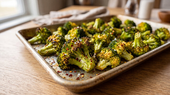 Fresh broccoli is roasted with spices on a baking tray in a kitchen setting during the day