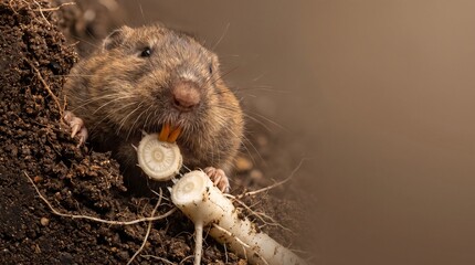 Naklejka premium Close Up Of A Wild Vole Eating A White Root Vegetable In Brown Soil