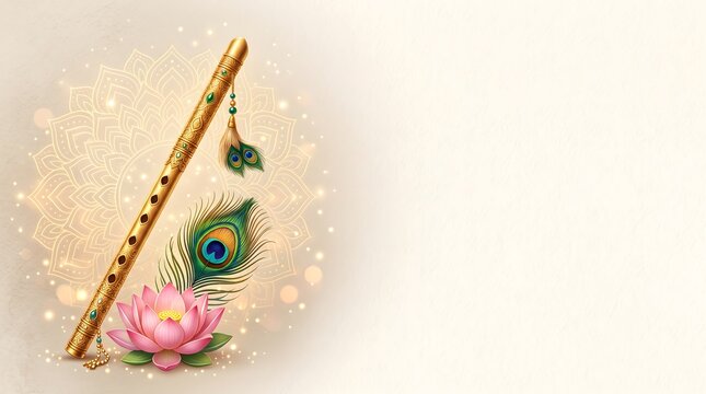 Krishna janmashtami decorative background with golden flute with glowing mandala background
