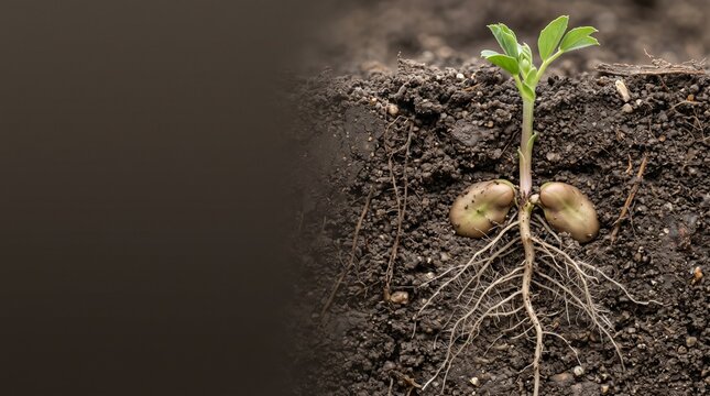 Vibrant Green Seedling Growing With Exposed Roots And Cotyledons In Dark Soil Photography