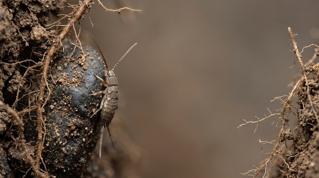 Detailed Macro Shot Of A Small Earwig Insect Crawling On A Dark Soil Clump Amidst Tiny Plant Roots