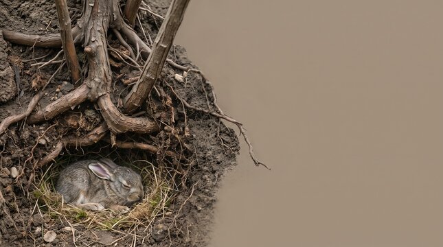 Peaceful Sleeping Baby Rabbit In A Cozy Den With Exposed Roots And Brown Background, Realistic Photograph