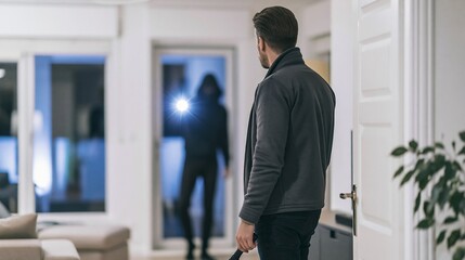 Fototapeta premium Man faces a shadowy intruder brandishing a flashlight amid a nighttime home burglary, underscoring issues of crime and security