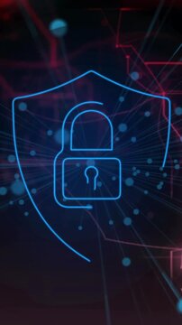 Animation of shield with padlock icon over network of connections on black background