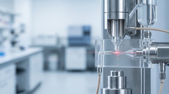 Advanced Scientific Microfluidic Cell Sorter Machine Operating With A Red Laser Beam In A Modern Laboratory Setting