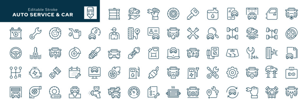 Auto service outline icons set. Car service, auto repair and tire fitting. Line icon in linear style. Vector collection	