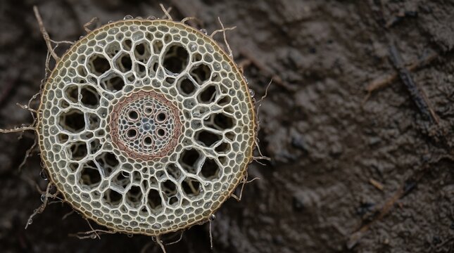 Detailed Macro Shot Of A Plant Stem Cross-Section Revealing Cellular Structure And Water Droplets On Brown Soil Background