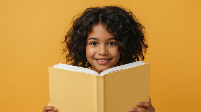 Cheerful Black girl holding open book against orange background