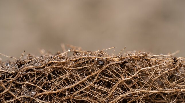 Close-Up Macro Shot Of Intertwined Plant Roots With Water Droplets On Brown Soil Background