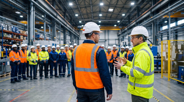 Workers in safety gear listen to a meeting in a warehouse in the afternoon