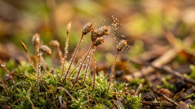 Vibrant Moss Spores Bursting From Sporophytes With Morning Dew Macro Photography