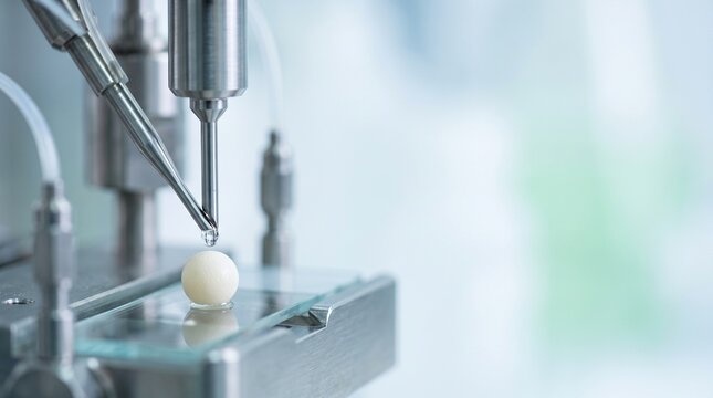 Precision Pipette Dispensing Liquid Onto A Small White Sphere In A Bright Science Laboratory