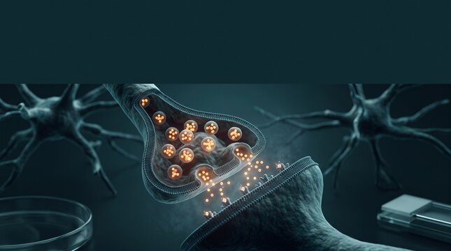 Detailed 3D Render Of A Synapse Showing Neurotransmitter Release In A Scientific Illustration