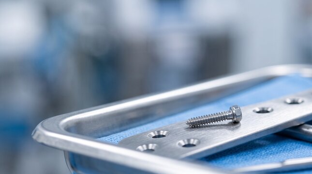 Close-Up Of Medical Surgical Stainless Steel Screw And Plate In A Sterile Tray Setting
