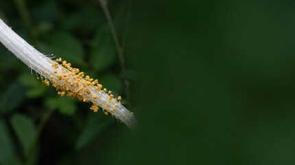 Fototapeta premium Macro yellow pollen on white flower stem, close up of floral spores in nature, botanical detail with green bokeh background
