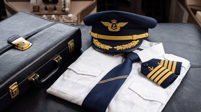 Pilot uniform and accessories laid out on a table inside an airplane cockpit during daylight