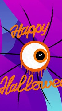 Animation of happy halloween text with moving eye over purple shapes on blue background