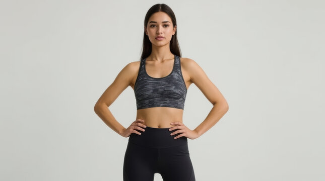 Fit Asian woman in activewear standing confidently against neutral backdrop