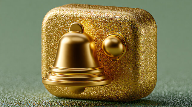 Golden bell attached to a textured golden cube photorealistic rendering