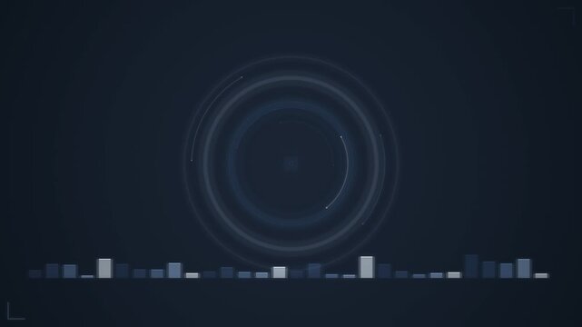 Abstract glowing concentric circles with equalizer bars in seamless looping animation on dark background.
