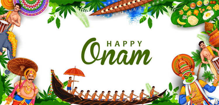 Happy Onam Festival Greeting Card with King Mahabali and Kerala Cultural Elements Vector