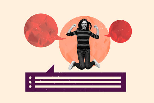 3D collage trend artwork composite sketch poster of young woman happy funny jump talk cloud chat message speech bubble message comment