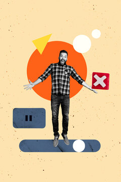 Sketch image trend artwork 3D photo collage of young man stand smile. slider bar button switch cross no professional business job hiring