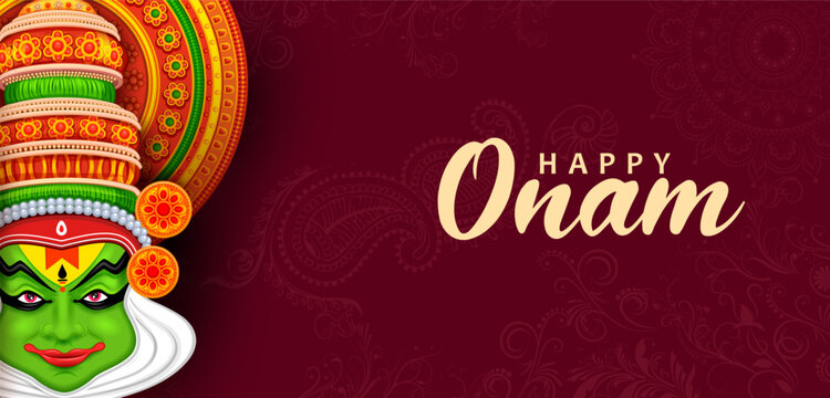 Happy Onam Greeting Background with Kathakali Face Illustration Vector