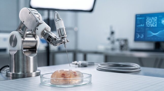 Advanced Robotic Arm Performing Precision Surgery On An Organic Tissue Model In A Scientific Lab Setting