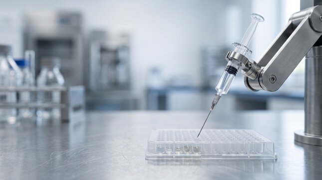 Automated Robotic Arm System Dispensing Liquid Into A Microplate In A Modern Laboratory Setting