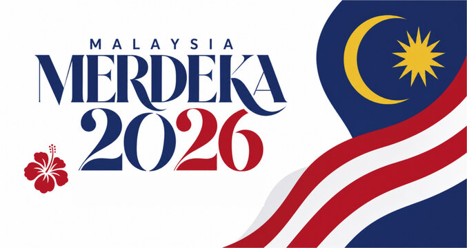 Malaysia Merdeka 2026 Independence Day design featuring the national flag, crescent moon, star, and patriotic red and white stripes.