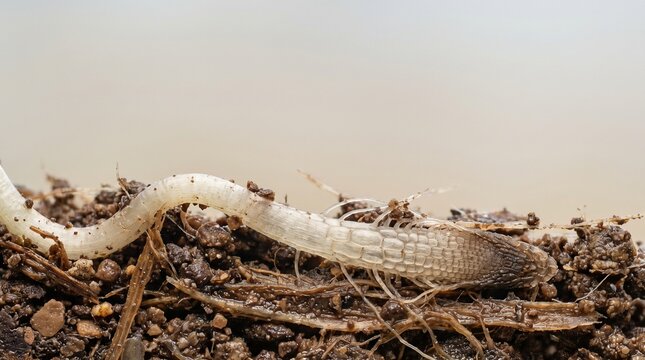 Close-Up Macro Image Of A Shed Earthworm Skin Lying On Rich Brown Soil