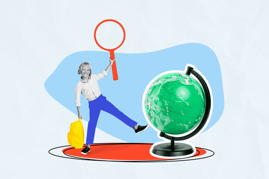 Composite sketch design artwork 3D collage of young schoolboy stand hold magnifier glass globe backpack education academic student class