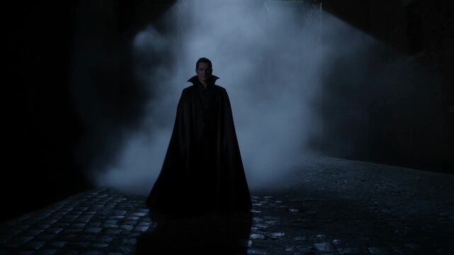 Slow motion tracking shot cloaked man walking toward camera on wet cobblestone alley with dense fog and low blue lighting