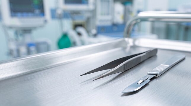 Close Up View Of Sterile Surgical Instruments On A Metal Tray In An Operating Room Setting