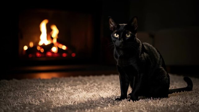 Black Cat Sitting by Fireplace in Dim Room.