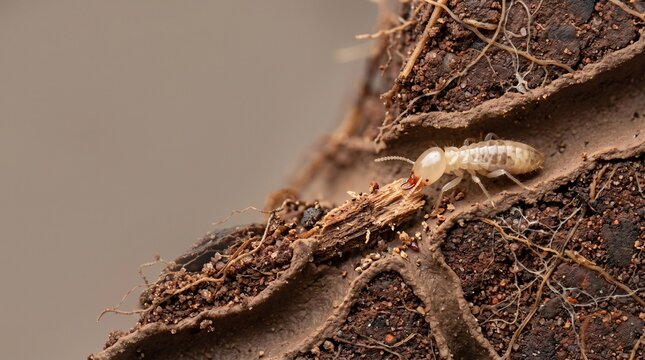 Close Up Macro View Of A Termite Soldier Worker In Its Mud Tunnel Nest With Wood Debris