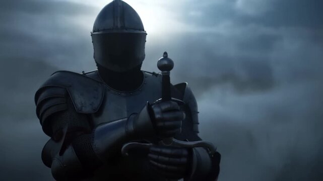 Tracking shot of armored knight gripping sword in misty battlefield landscape at dawn, slow pushin revealing helmeted figure and gauntleted hands