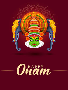 Happy Onam Greeting Background with Kathakali Face Illustration Vector