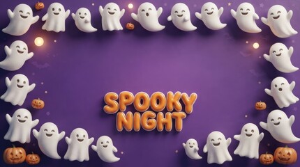 Fototapeta premium Halloween spooky night ghostly white masks hanging on purple wall with text sign halloween decorations seasonal illuminated lighting celebration atmosphere festivity